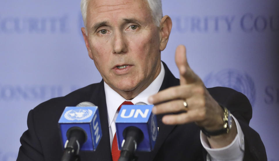 United States Vice President Mike Pence holds a news briefing after addressing the United Nations Security Council on Venezuela, Wednesday April 10, 2019 at U.N. headquarters. (AP Photo/Bebeto Matthews)