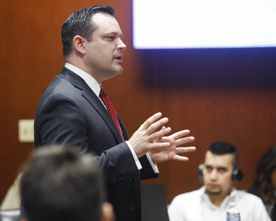 Poweshiek County Attorney Bart Klaver makes his opening statement during the trial of Cristhian Bahena Rivera at the Scott County Courthouse in Davenport, Iowa, on Wednesday, May 19, 2021. Rivera is charged with first-degree in the death of Mollie Tibbetts. (Jim Slosiarek/The Gazette via AP, Pool)