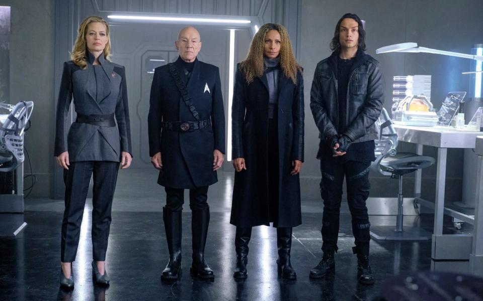 (L-R): Jeri Ryan, Stewart, Michelle Hurd, and Santiago Cabrera in Star Trek: Picard - Amazon