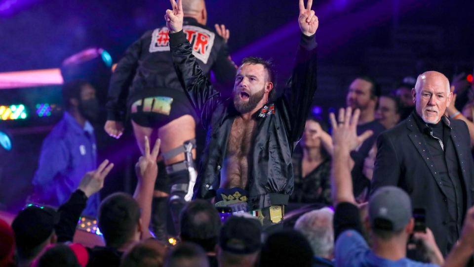 <div>CLEVELAND, OH - JANUARY 26: Cash Wheeler and Tully Blanchard make their way to the ring during the AEW Dynamite - Beach Break taping on January 26, 2022, at the Wolstein Center in Cleveland, OH. (Photo by Frank Jansky/Icon Sportswire via Getty Images)</div>