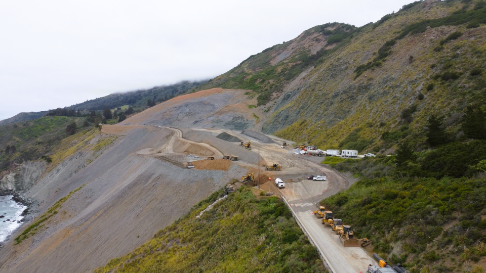 The new road at Paul’s Slide on Highway 1 will be higher than the original road, which allows construction crews to install better drainage systems under that half-mile section of the highway.