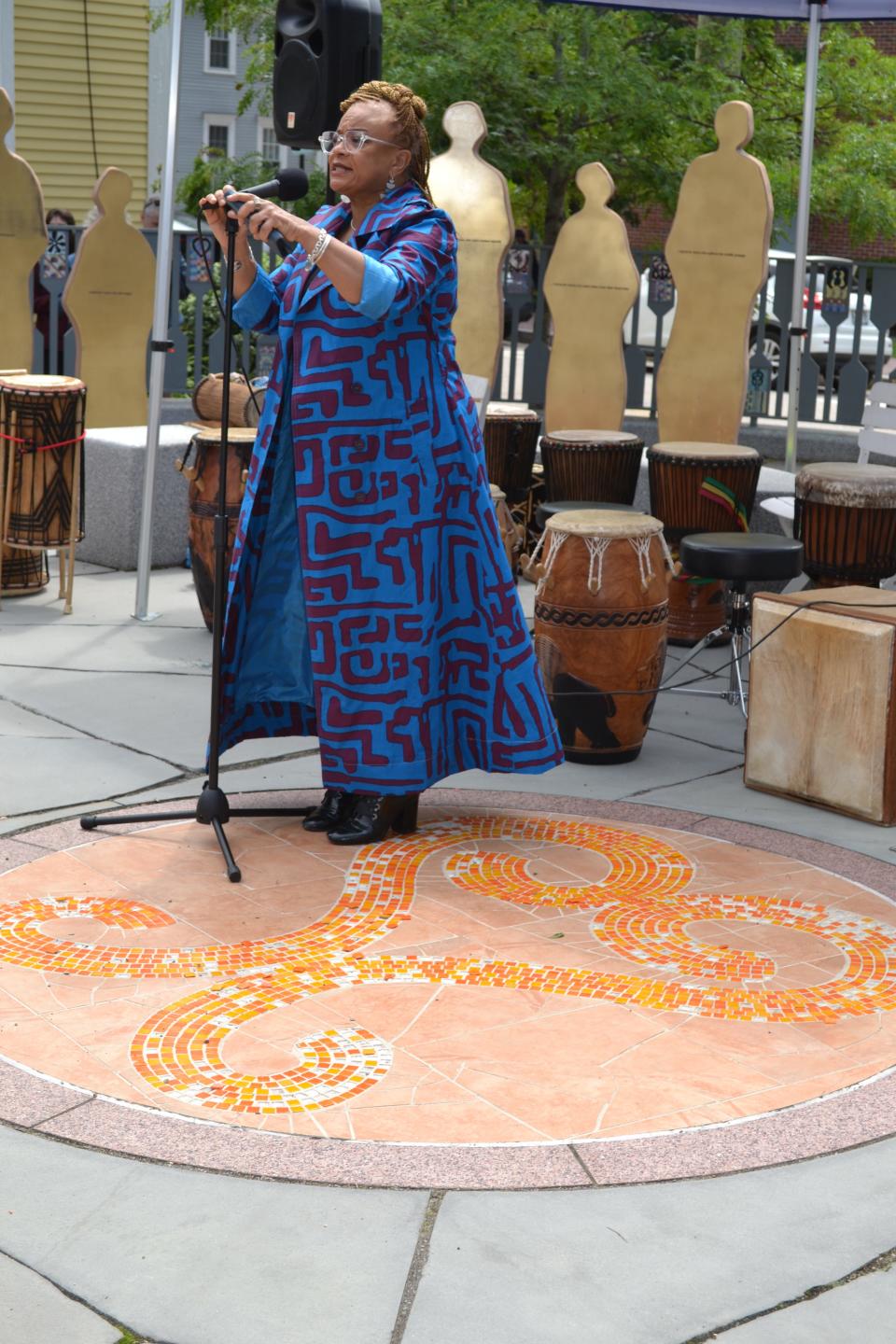 JerriAnne Boggis, executive director of the Black Heritage Trail of New Hampshire, speaks during a Juneteenth ceremony at the African Burying Ground in Portsmouth Monday, June 19, 2023.