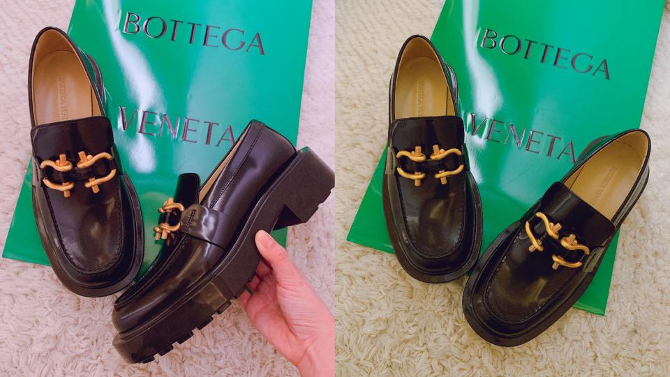 精品樂福鞋推薦：BOTTEGA VENETA Monsieur樂福鞋，NT$39,500。這雙BV Monsieur樂福鞋可以說是最百搭入門款，全黑皮革讓大大的金色扣環成為主角圖片來源：編輯拍攝