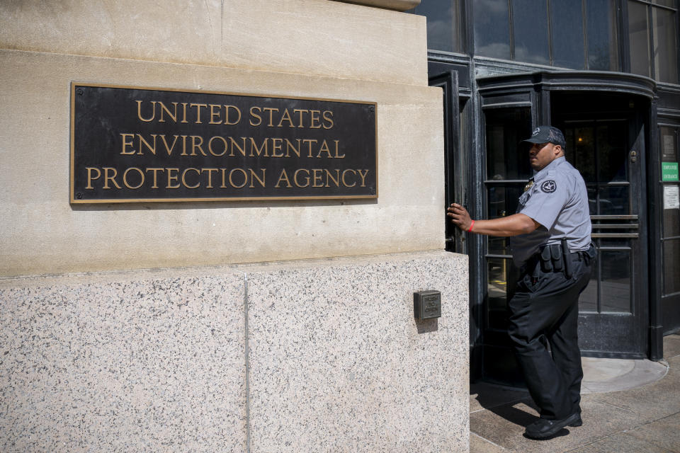 The headquarters of the Environmental Protection Agency in Washington, as President Donald Trump announces that his administration is revoking California's authority to set auto mileage standards stricter than those issued by federal regulators, Wednesday, Sept. 18, 2019. Critics say the move would result in less fuel efficient cars that create more planet-warming pollution. (AP Photo/J. Scott Applewhite)