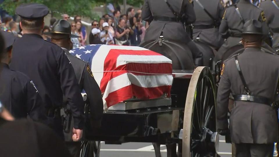 The procession and funeral for CMPD officer Joshua Eyer was held in Charlotte on Friday, May 3, 2024. Eyer was killed on Monday after a suspect opened fire on a task force that was attempting to serve an arrest warrant.