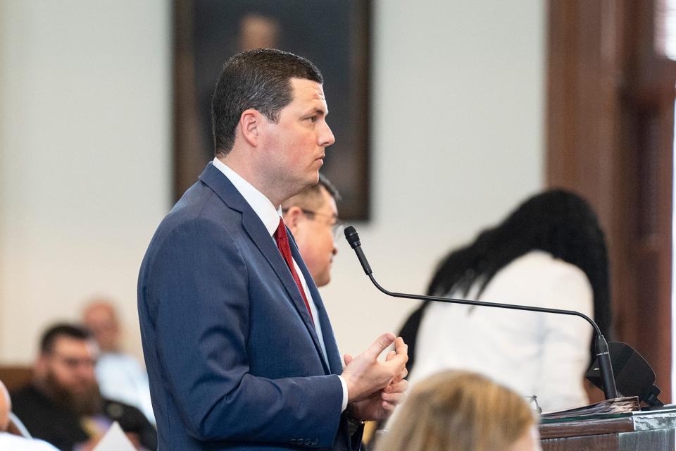 Rep. Jared Patterson, R-Frisco, debates HB 900, which would ban sexually explicit materials from library books in schools, in the Texas House of Representatives Wednesday, April 19, 2023.
