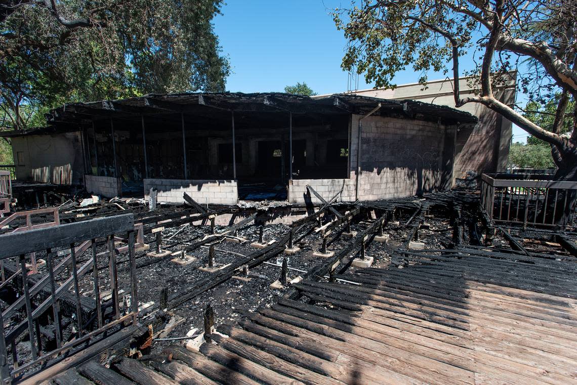 An early morning fire destroyed the American Legion Memorial Hall in Tuolumne River Regional Park in Modesto, Calif., on Thursday, July 21, 2022.