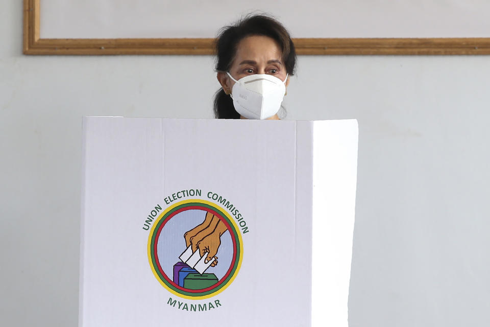 FILE - Myanmar's leader Aung San Suu Kyi makes an early voting for upcoming Nov. 8 general election at Union Election Commission office in Naypyitaw, Myanmar, on Oct. 29, 2020. A court in Myanmar on Friday, Sept. 2, 2022 sentenced the country’s ousted leader Aung San Suu Kyi to three years' imprisonment after finding her guilty of involvement in election fraud. (AP Photo/Aung Shine Oo, File)