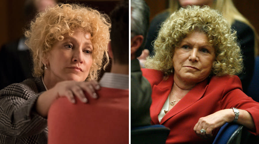 (Left) A still of Edie Falco playing Leslie Abramson. (Right) A photo of the real&nbsp;Leslie Abramson in court. (Photo: Getty/HPMG)