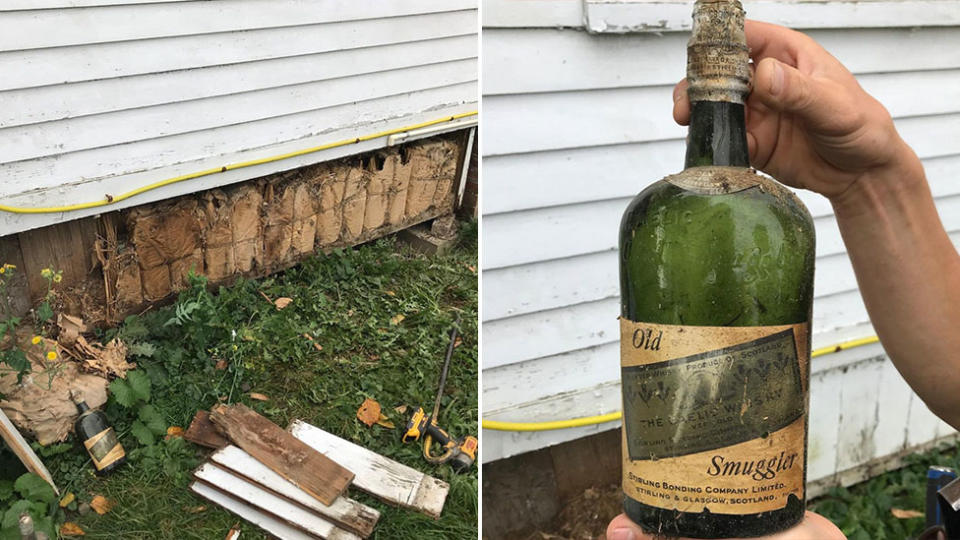 The couple found whiskey in the walls of the house after stripping away the timber, the bottles are from the prohibition era