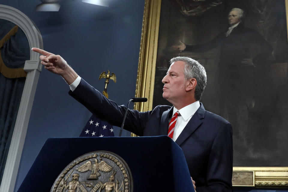 New York Mayor Bill de Blasio speaks at City Hall, Monday, Aug. 19, 2019. After five years of investigations and protests, the New York City Police Department on Monday fired NYPD officer Daniel Pantaleo, involved in the 2014 chokehold death of Eric Garner, whose dying cries of "I can't breathe" fueled a national debate over race and police use of force. (AP Photo/Richard Drew)