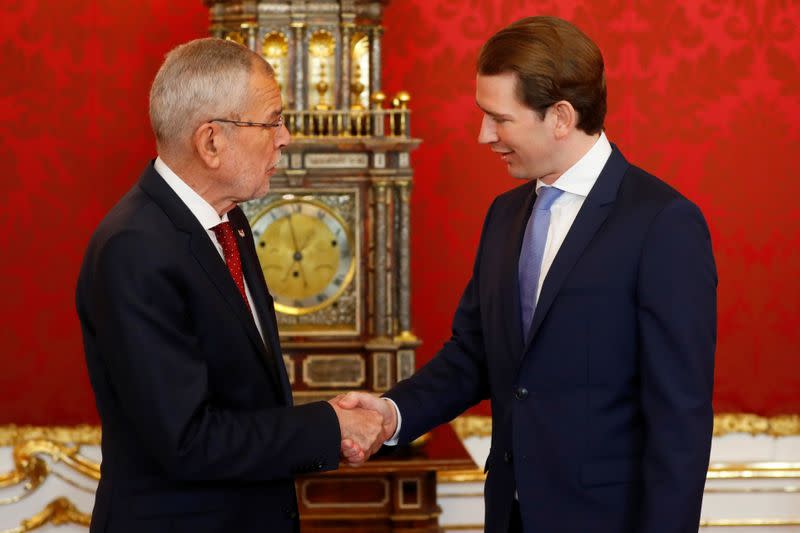 Austria's President Alexander Van der Bellen welcomes head of People's Party Sebastian Kurz the presidential office in Vienna