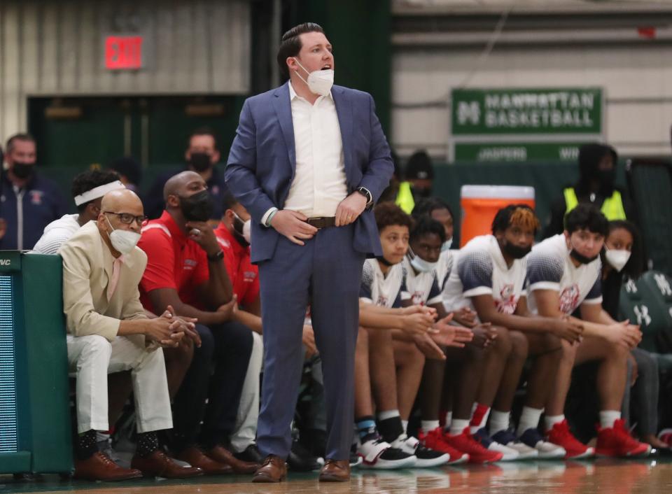 Stepinac coach Pat Massaroni is picture during a game at Manhattan College on Jan. 7, 2022. The Crusaders lost 33-32 to The Patrick School at the NJ vs. NY Catholic School Showcase at Iona College on Jan. 22, 2022.