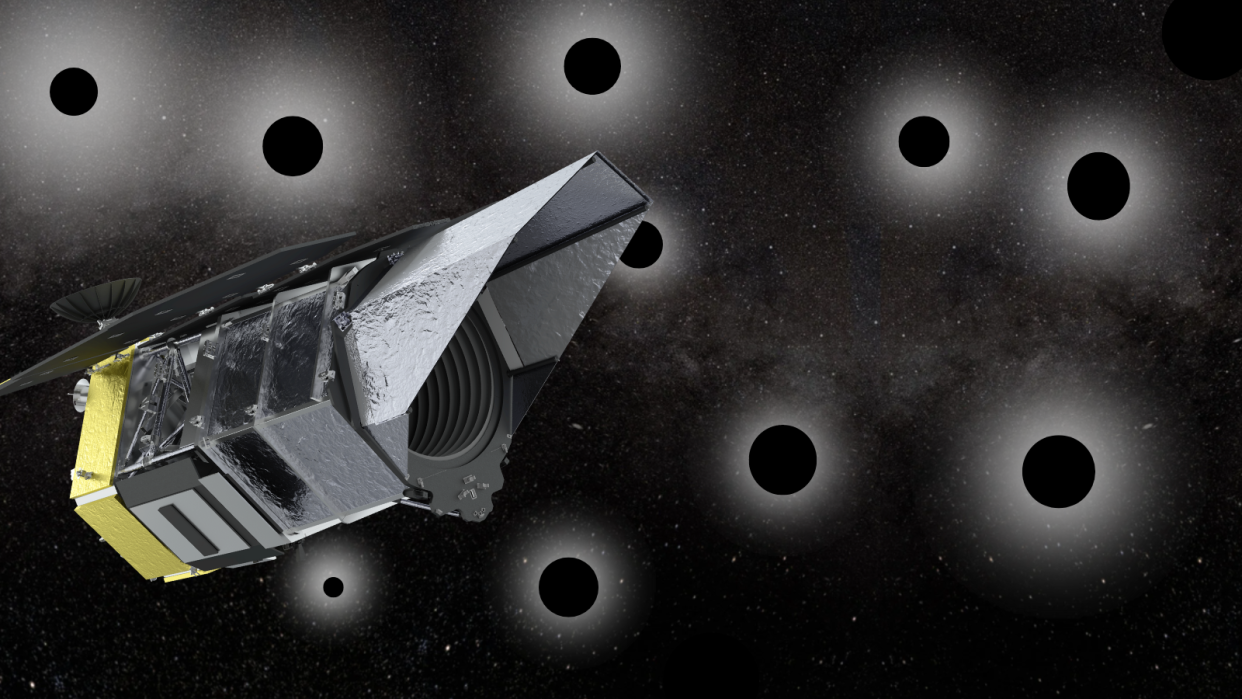  A satellite is seen against the background of space. Lots of black holes are illustrated among the background, too. 