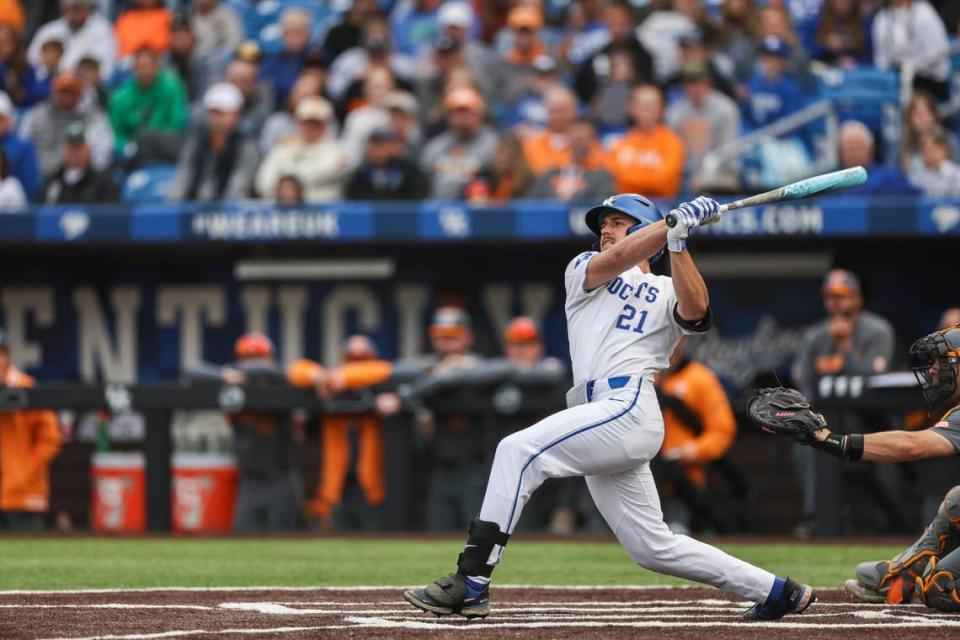 Kentucky’s Ryan Waldschmidt hits a home run against Tennessee during Friday’s game at Kentucky Proud Park.