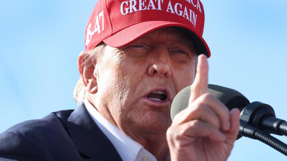 PHOTO: Republican presidential candidate former President Donald Trump speaks to supporters during a rally at the Dayton International Airport on March 16, 2024 in Vandalia, Ohio.  (Scott Olson/Getty Images)