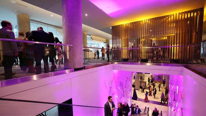 Guests attend a reception following the ribbon-cutting at the newly opened Hyatt Regency hotel in Salt Lake City on Wednesday, Nov. 2, 2022.