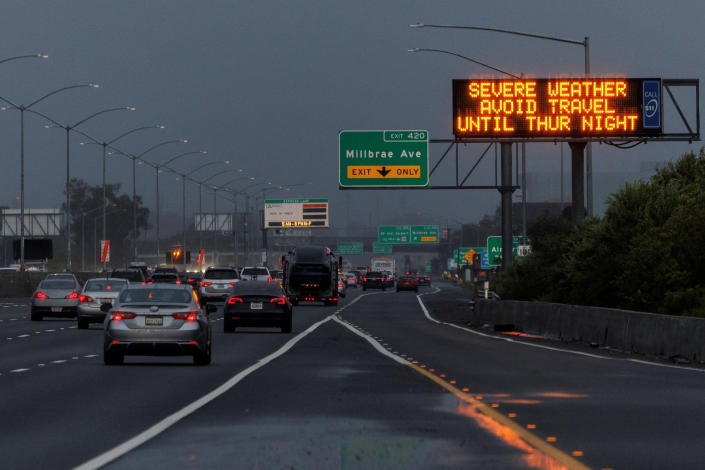 Heavy traffic in San Francisco as rainstorms approach