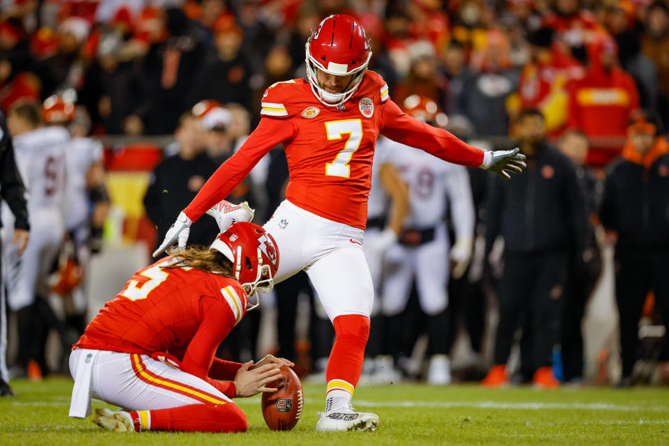 Harrison Butker #7 of the Kansas City Chiefs. (Photo by David Eulitt/Getty Images)