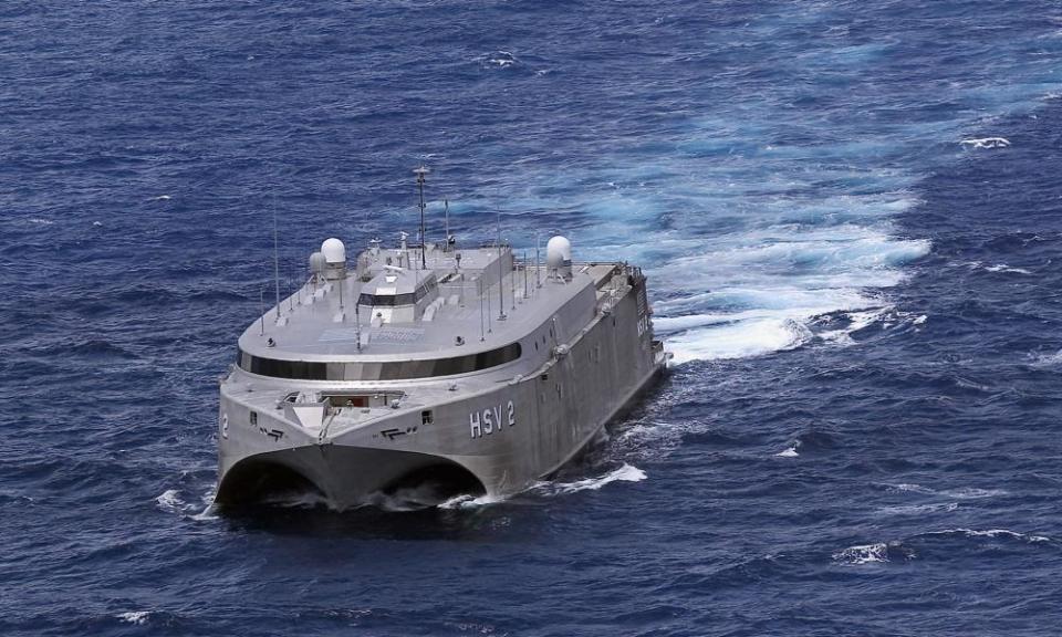 A catamaran being tested by the US military is seen by helicopter in waters off the coast of Hawaii on during Rimpac in 2004.