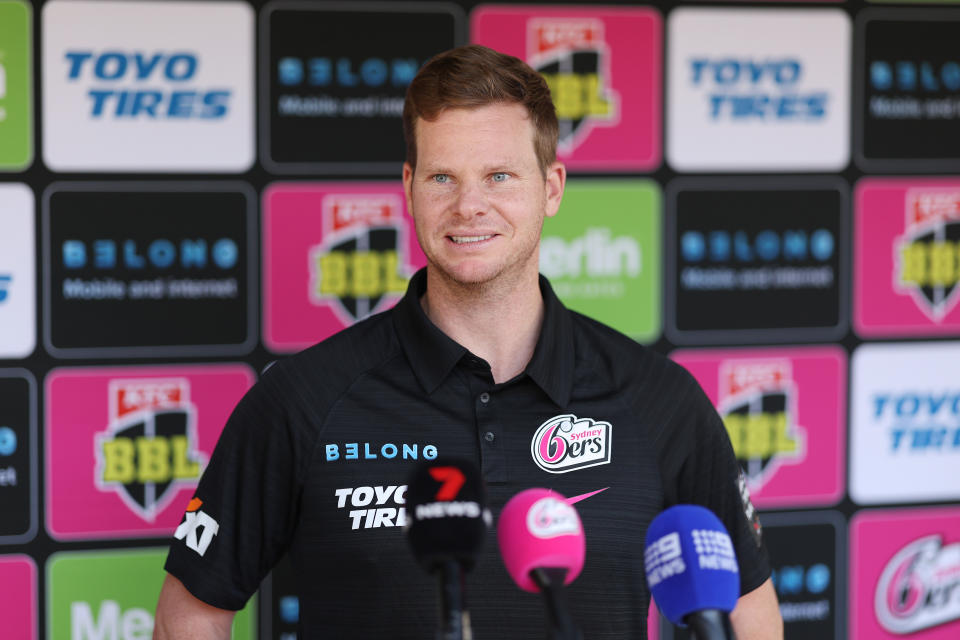 SYDNEY, AUSTRALIA - AUGUST 20: Steve Smith speaks to media during a Sydney Sixers media opportunity at Matraville Public School on August 20, 2024 in Sydney, Australia. (Photo by Mark Metcalfe/Getty Images for Cricket NSW)