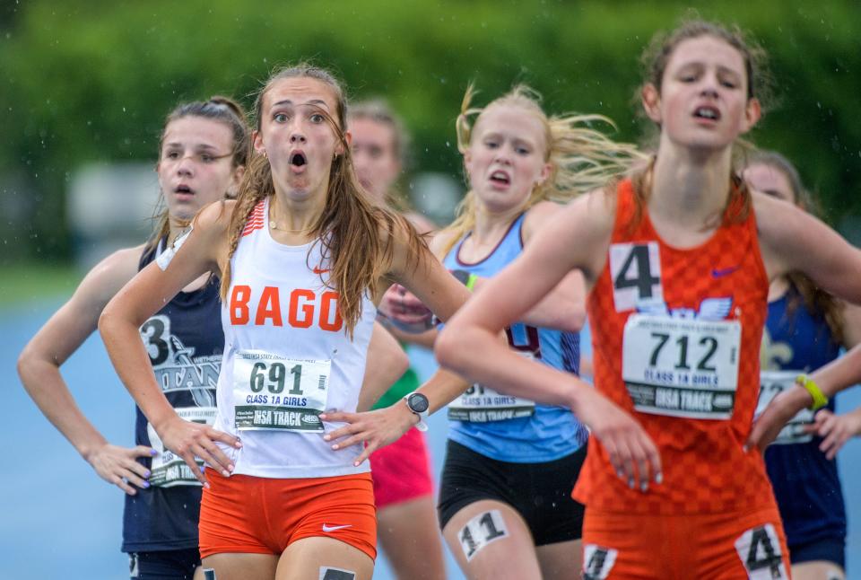 Winnebago's Kaylee Woolery (691) reacts to her third-place finish in the 1600-meter run during the Class 1A State Track and Field Championships on Saturday, May 21, 2022 at Eastern Illinois University.