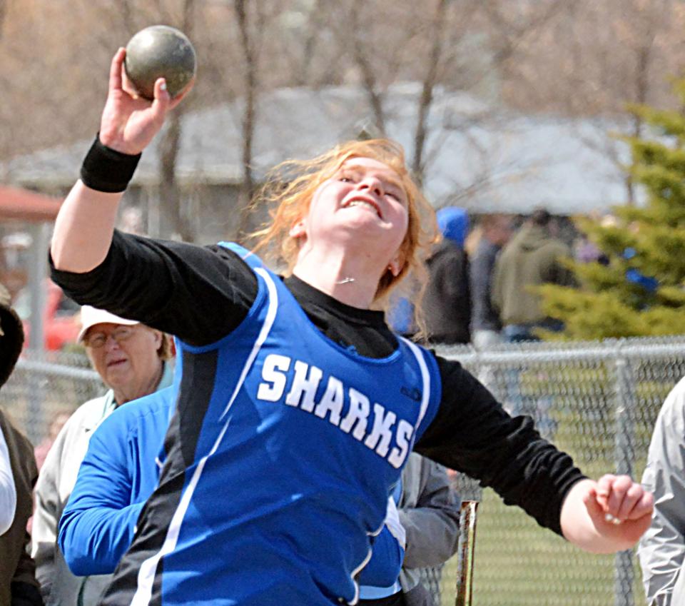 Iroquois-Lake Preston's Hadlee Holt participates in the girls' shot put during the Pat Gilligan Alumni track and field meet on Tuesday, April 25, 2023 in Estelline.