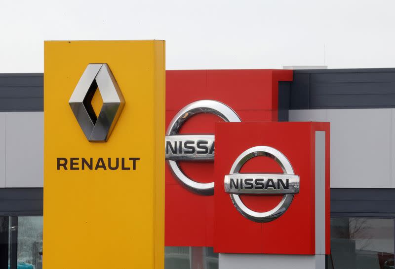 Logos of car manufacturers Nissan and Renault in Reims
