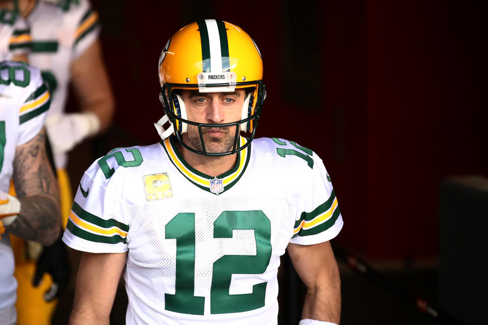 Aaron Rodgers #12 of the Green Bay Packers walks out against the San Francisco 49ers at Levi's Stadium on November 05, 2020 in Santa Clara, California. (Photo by Ezra Shaw/Getty Images)