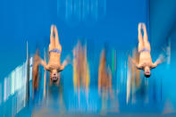 LONDON, ENGLAND - AUGUST 01: Kristian Ipsen and Troy Dumais of the United States practise prior to the Men's Synchronised 3m Springboard final on Day 5 of the London 2012 Olympic Games at the Aquatics Centre on August 1, 2012 in London, England. (Photo by Adam Pretty/Getty Images)