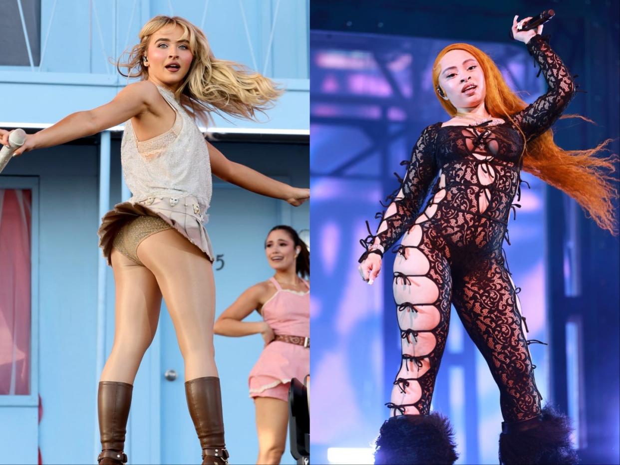 A side-by-side of Sabrina Carpenter and Ice Spice performing at Coachella 2024.