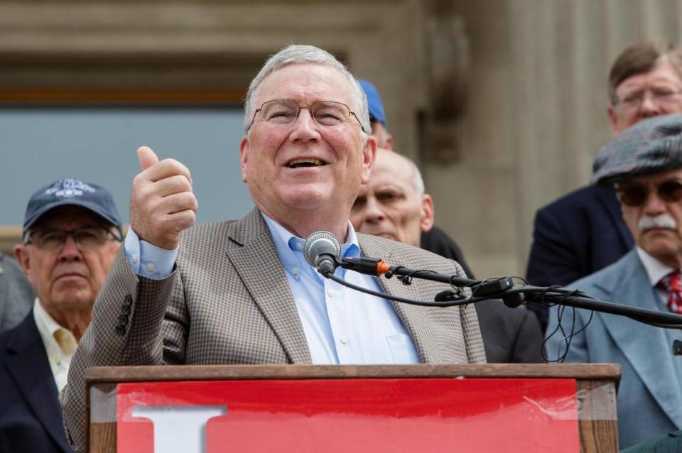 House Speaker Scott Bedke, R-Oakley, speaks at the Idaho Capitol during a unity rally Wednesday, the day after winning the Republican primary for lieutenant governor.