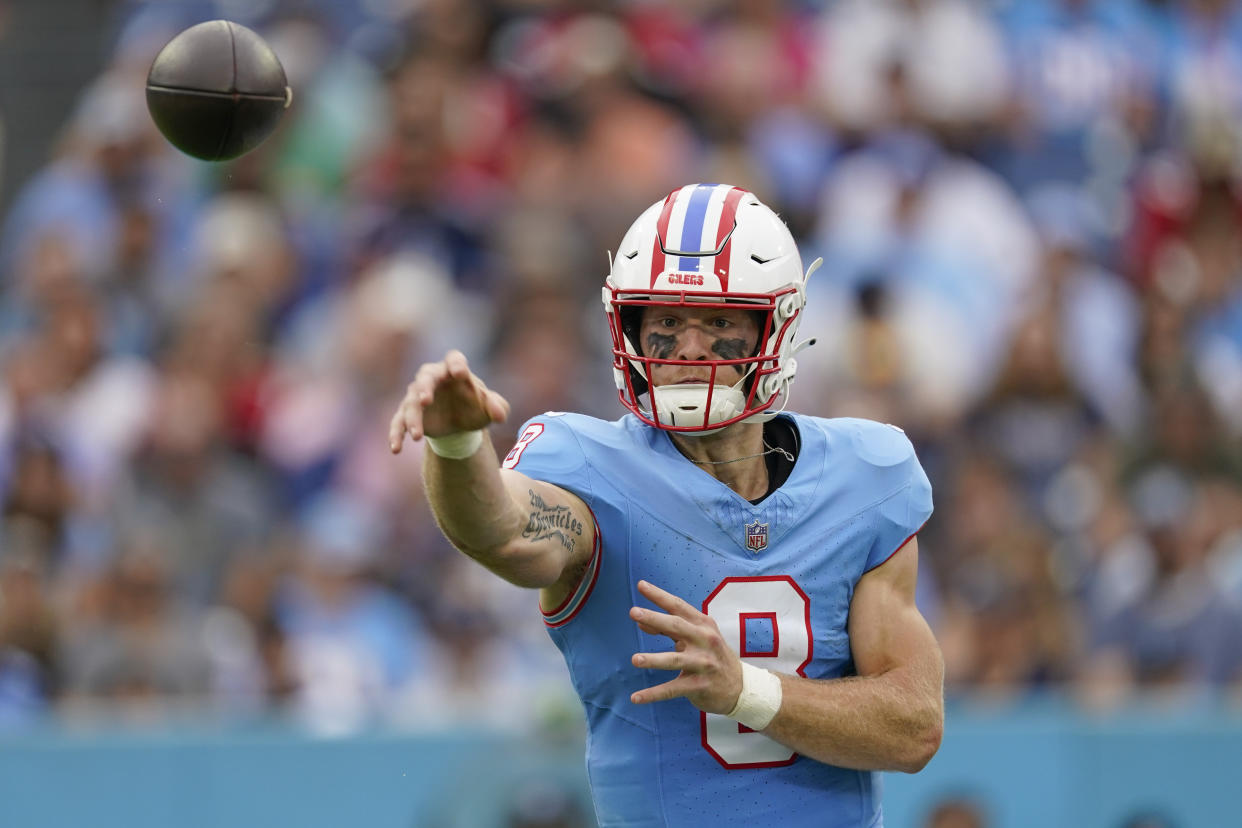 Tennessee Titans quarterback Will Levis throws a pass against the Atlanta Falcons during the first half of an NFL football game Sunday, Oct. 29, 2023, in Nashville, Tenn. (AP Photo/George Walker IV)