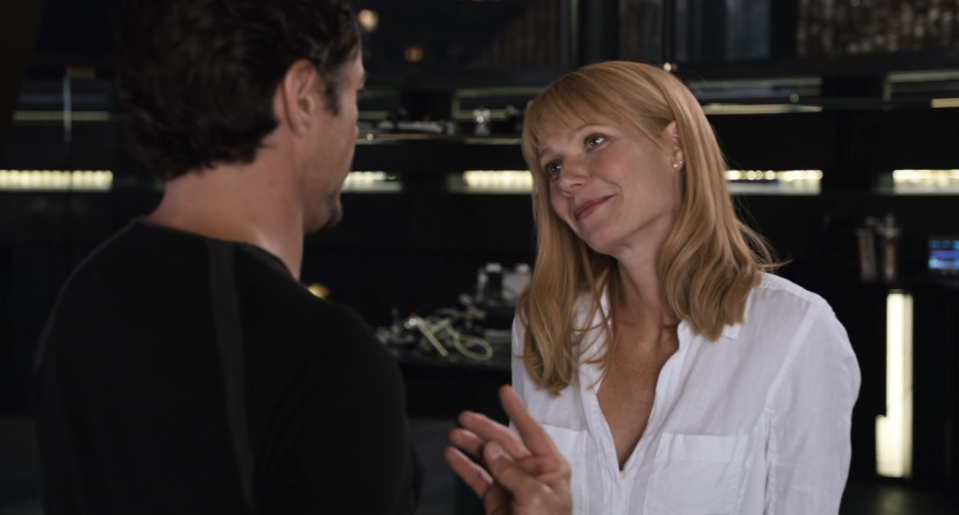 Robert Downey Jr. and Gwyneth Paltrow as Iron Man and Pepper Potts in "The Avengers."