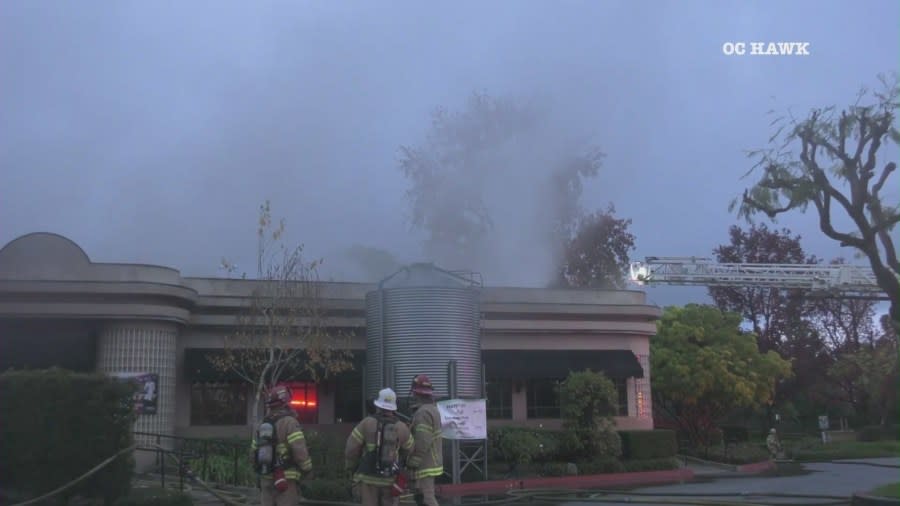 Firefighters respond to a fire engulfing Green Chile Cantina in Mission Viejo on Jan. 21, 2024. (OC Hawk