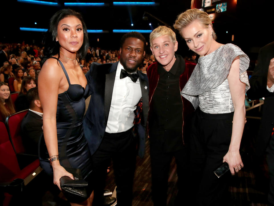 LOS ANGELES, CA - JANUARY 18:  (L-R) Eniko Parrish, actor Kevin Hart, TV personality Ellen DeGeneres, and actress Portia de Rossi attend the People's Choice Awards 2017 at Microsoft Theater on January 18, 2017 in Los Angeles, California.  (Photo by Christopher Polk/Getty Images for People's Choice Awards)