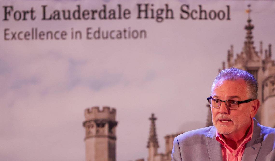 Superintendent Peter B. Licata gives opening remarks at Broward County Public Schools’ first of three town halls to discuss the possiblity of school closures due to under enrollment.