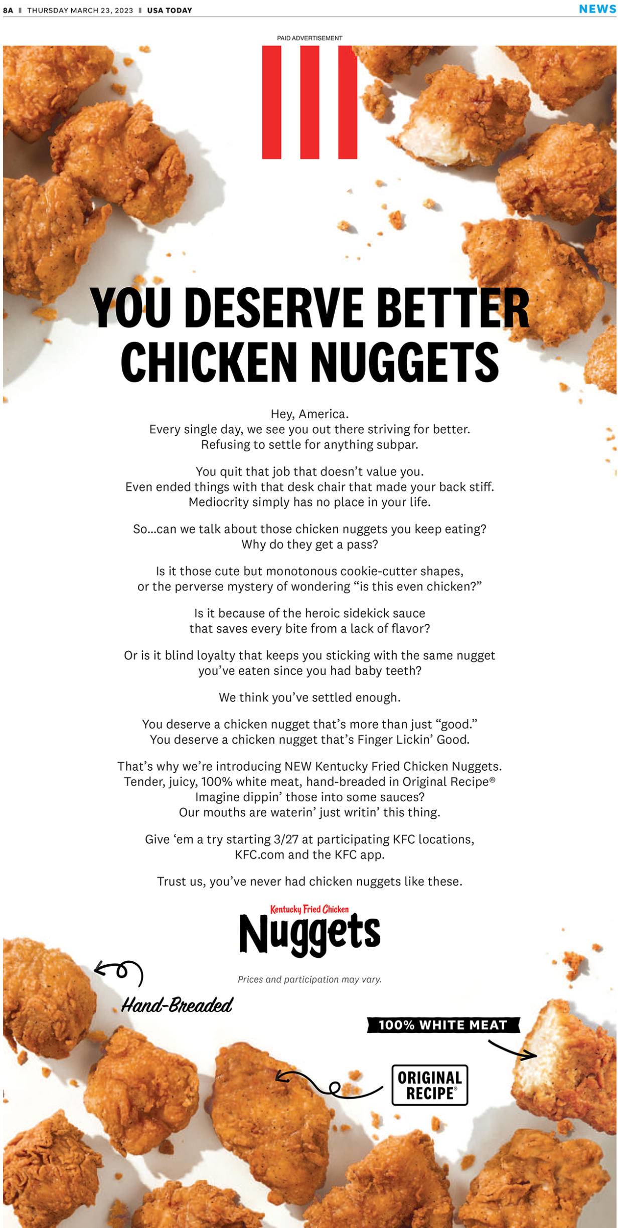  KFC's letter, titled “You Deserve Better Chicken Nuggets,” which appeared in USA Today on March 23. (KFC)