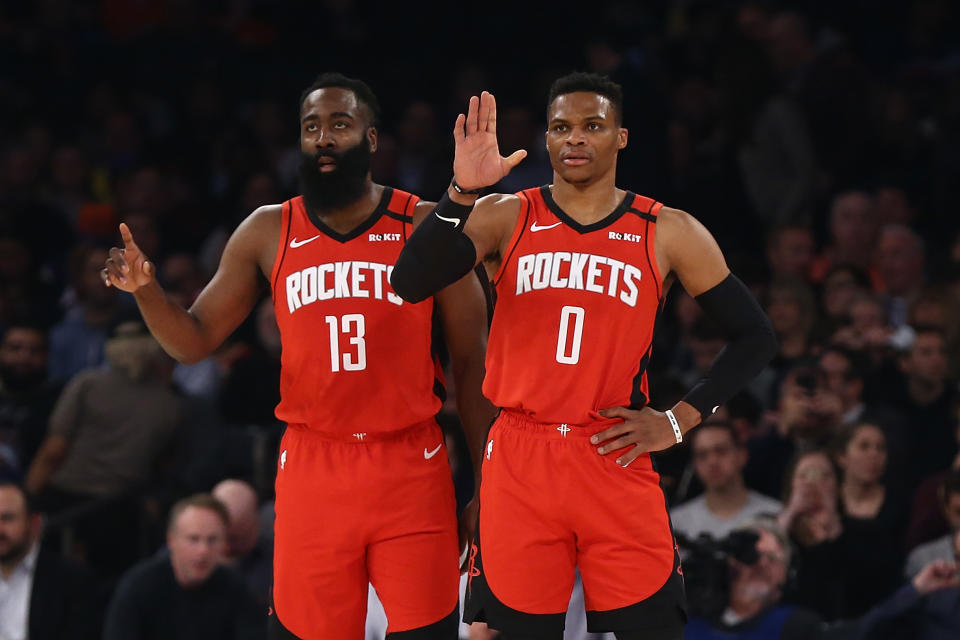 The partnership between James Harden and Russell Westbrook hit its ceiling in the second round of the playoffs. (Mike Stobe/Getty Images)