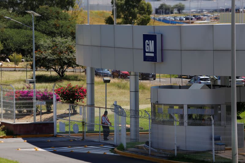 The entrance to GM pickup and transmission plant is pictured in Silao