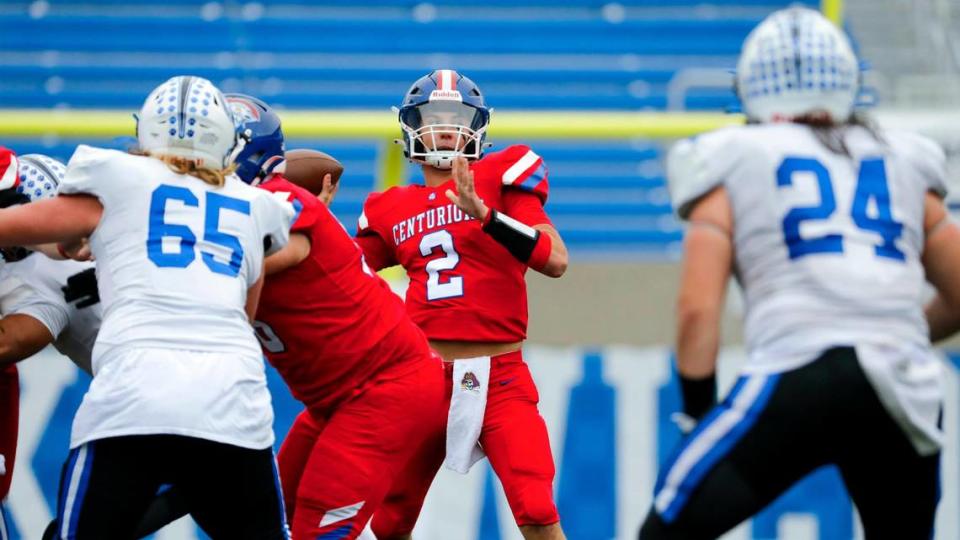 Christian Academy-Louisville’s Cole Hodge (2) throws a second-half touchdown pass against Bell County during the Class 3A state championship game at Kroger Field on Saturday.