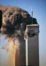 NEW YORK, NY - FILE: A fiery blasts rocks the World Trade Center after it was hit by two airplanes September 11, 2001 in New York City. This is frame 6 out of a sequence of 6. U.S. President Barack Obama announced the death of Osama Bin Laden during a late evening statement to the press May 1, 2011 in the East Room of the White House. Bin Laden has reportedly been killed near Islamabad, Pakistan, almost a decade after the terrorist attacks of September 11, 2001 and his body is in possession of the United States.(Photo by Peter C. Brandt/Getty Images)