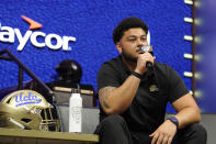 UCLA offensive lineman Duke Clemens speaks at an NCAA college football Pac-12 media day Friday, July 21, 2023, in Las Vegas. (AP Photo/Lucas Peltier)