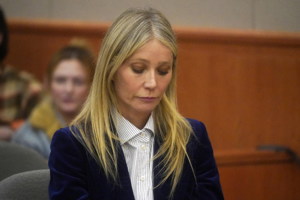 Gwyneth Paltrow reacts to the verdict in her trial, Thursday, March 30, 2023, in Park City, Utah. Paltrow won her court battle over a 2016 ski collision at a posh Utah ski resort after a jury decided Thursday that the movie star wasn’t at fault for the crash. (AP Photo/Rick Bowmer, Pool)