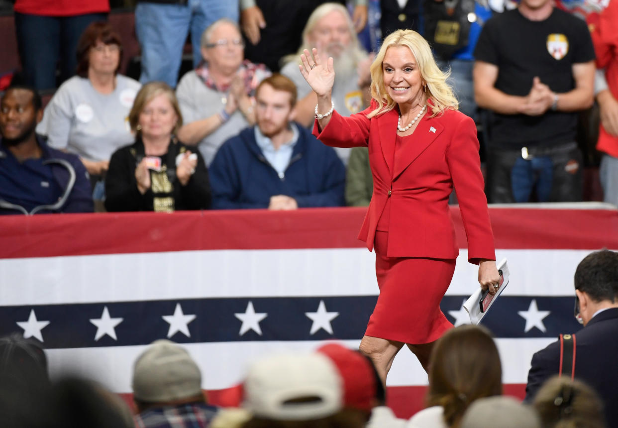 Karin Housley, Republican candidate for U.S. Senate in Minnesota, waves to the crowd at an Oct. 4, 2018, campaign rally in Rochester, Minnesota, headlined by President Donald Trump. (Photo: Hannah Foslien/Getty Images)