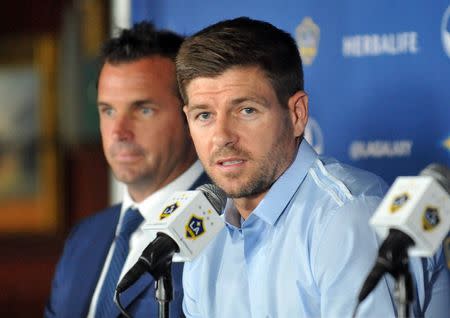 Jul 7, 2015; Los Angeles, CA, USA; Los Angeles Galaxy midfielder Steven Gerrard speaks to media during his introduction to media at Stubhub Center. Mandatory Credit: Gary A. Vasquez-USA TODAY Sports