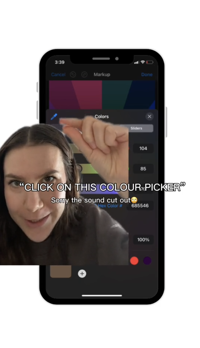 Woman demonstrating on a smartphone screen, text reads "CLICK ON THIS COLOUR PICKER" and "Sorry the sound cut out."