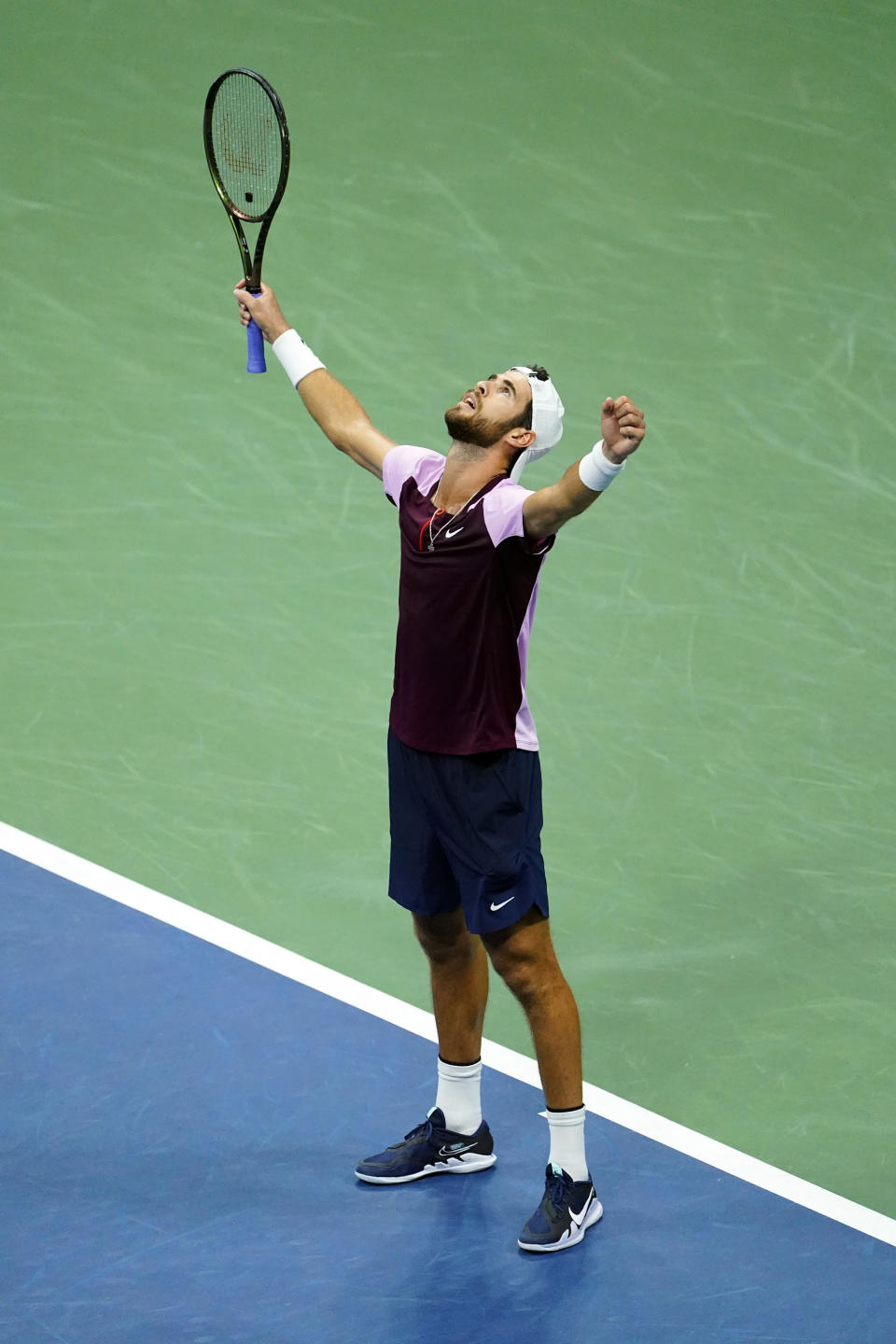 Karen Khachanov, of Russia, celebrates after defeating Nick Kyrgios, of Australia, during the quarterfinals of the U.S. Open tennis championships, Wednesday, Sept. 7, 2022, in New York. (AP Photo/Frank Franklin II)