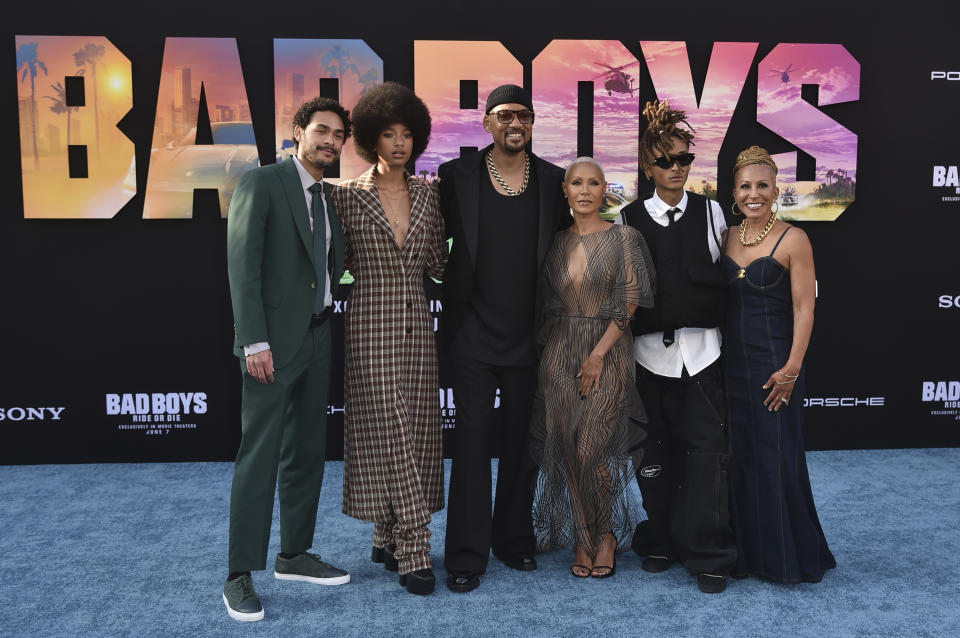 From left to right, Trey Smith, Willow Smith, Will Smith, Jada Pinkett Smith, Jaden Smith and Adrienne Banfield-Norris arrive at the premiere of "Bad Boys: Ride or Die," Thursday, May 30, 2024, in Los Angeles. (Photo by Richard Shotwell/Invision/AP)