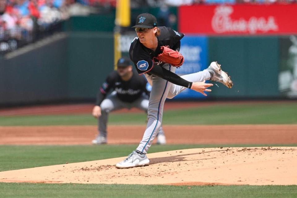 Apr 7, 2024; St. Louis, Missouri, USA; Miami Marlins pitcher Max Meyer (23) pitches against the St. Louis Cardinals during the first inning at Busch Stadium. Jeff Le/USA TODAY Sports